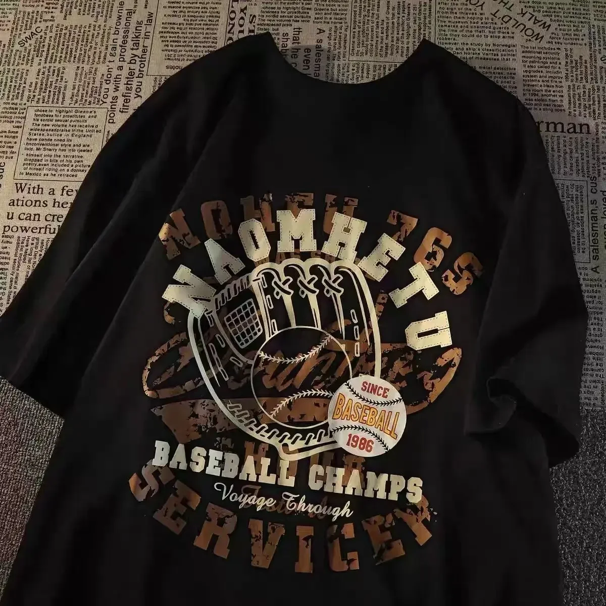 

American hiphop retro creative baseball short sleeved t-shirt men and women ins summer loose casual half sleeve top y2k clothes