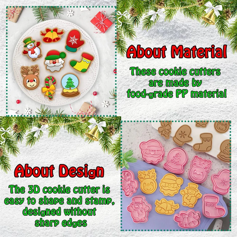 8 PCSChristmas Cookie Molds Christmas Dough Stamps Plastic 3D Cartoon Pressable Cookie Molds DIY Candy Baking Pastry Decoration