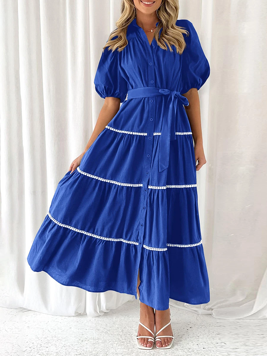 

Women s Summer Button Down Shirt Dress Short Puffy Sleeve Tiered Ruffle Flowy Long Maxi Dresses