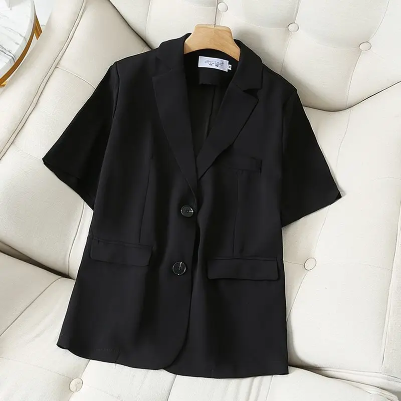 Acetate short-sleeved white suit jacket women's thin  2022 summer new large size suit loose cardigan tooling outerwear