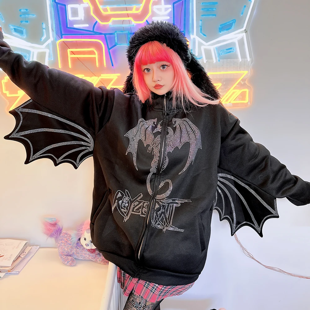 Harajuku Girls Underarm Winged Punk Japanese Y2K Black Jacket Hooded Halloween Diamond Bat Loose Gothic Zipper Coat Jaqueta