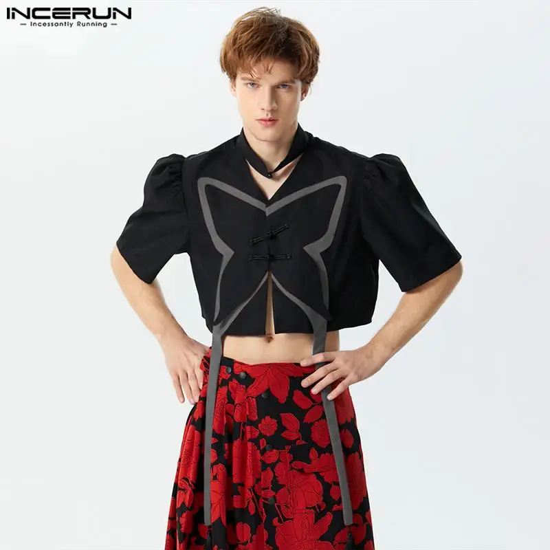

INCERUN Tops 2024 Stylish Casual New Men's Butterfly Design Splicing Tassel Suit Male Half High Neck Short Sleeved Blazer S-5XL