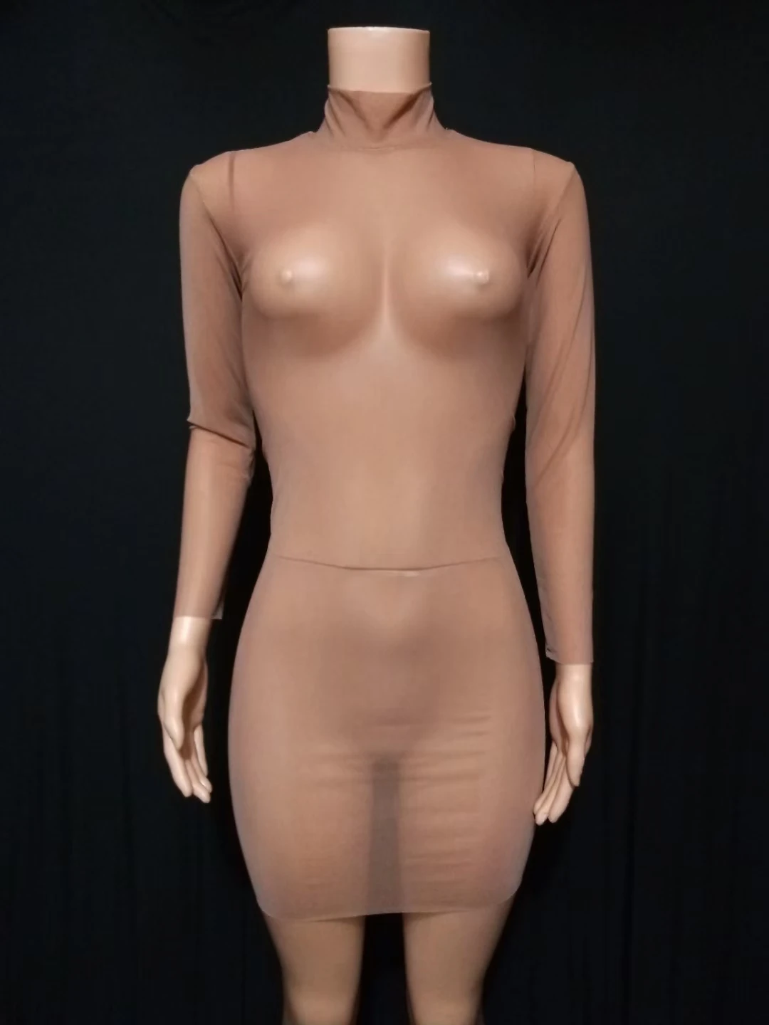 

Nightclub Bar DJ Women Singer Dancer Costume High Neck Nude Mesh Transparent Wrap Hip Mini Dress Sexy Stage Performance Clothes