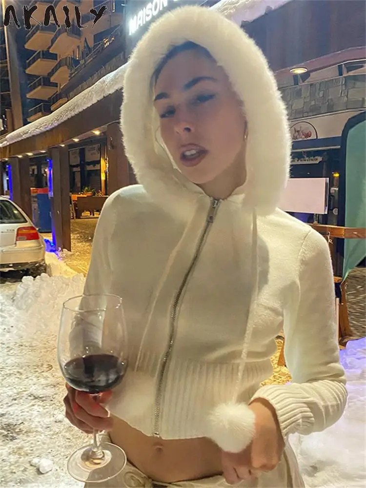 

Осенний белый модный кардиган Akaily с меховым воротником, уличная одежда, повседневные женские толстовки 2023 года с длинным рукавом, топ, новое вязаное пальто на молнии