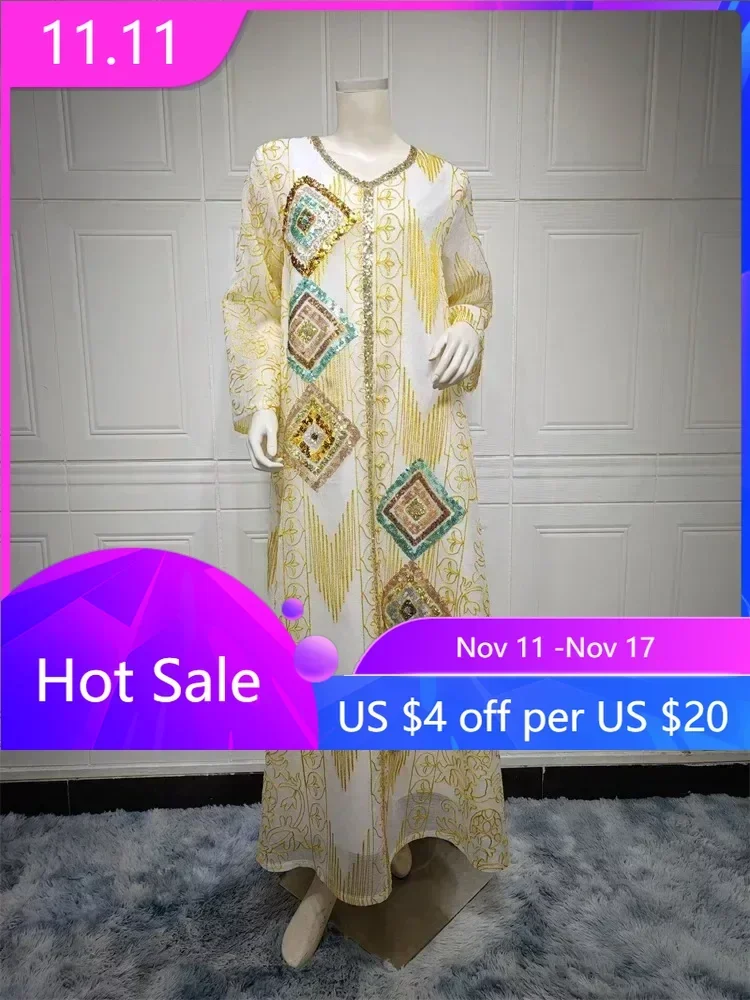 

Eid Muslim Morocco Party Dress for Women Abaya Jalabiya Mesh Sequins Dresses Dubai Abayas Kaftan Islam Maxi Vestidos Arab Robe