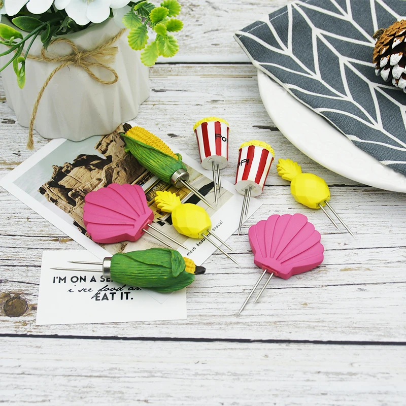 8pcs Fork Corn Skewer Stainless Steel Corn Holders On The Cob Skewers Fruit Forks Cute Kids Cutlery Outdoor Barbecue Tool
