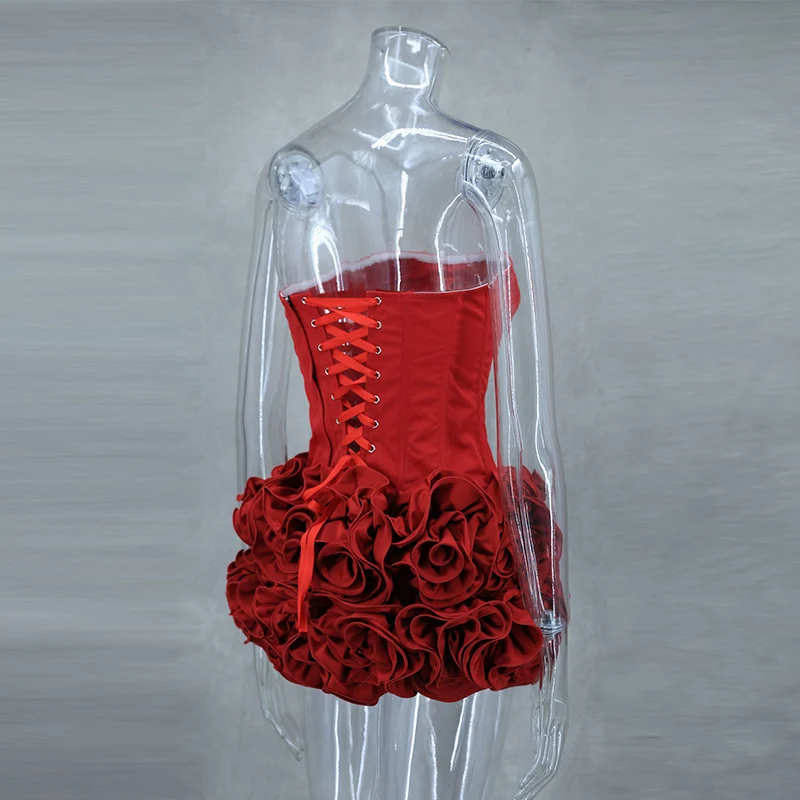 Conjunto de falda y top de tubo con flores 3D rojas navideñas para mujer, falda corta con estampado floral y vendaje ajustable, ideal para fiestas.