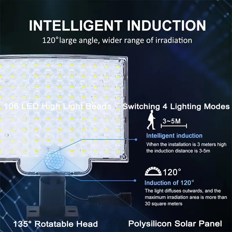 106LED Solar Outdoor Lights Motion Sensor Remote Wall Flood Lamp Security Waterproof Patio Garden Garage Fence Pathway Lighting - Image 4