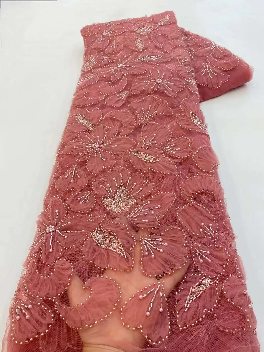 

High Quality African Beaded Wedding Lace Fabric Nigerian Sequins French Tulle Luxury Party Dress Sewing