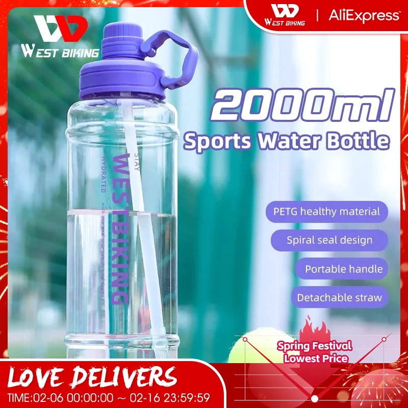 West Biking Water Bottle 2000Ml Petg Food Grade Fitness Sport Tazza D'Acqua A Prova Di Perdite Bottiglia D'Acqua Da Ciclismo Portatile Di Grande Capac