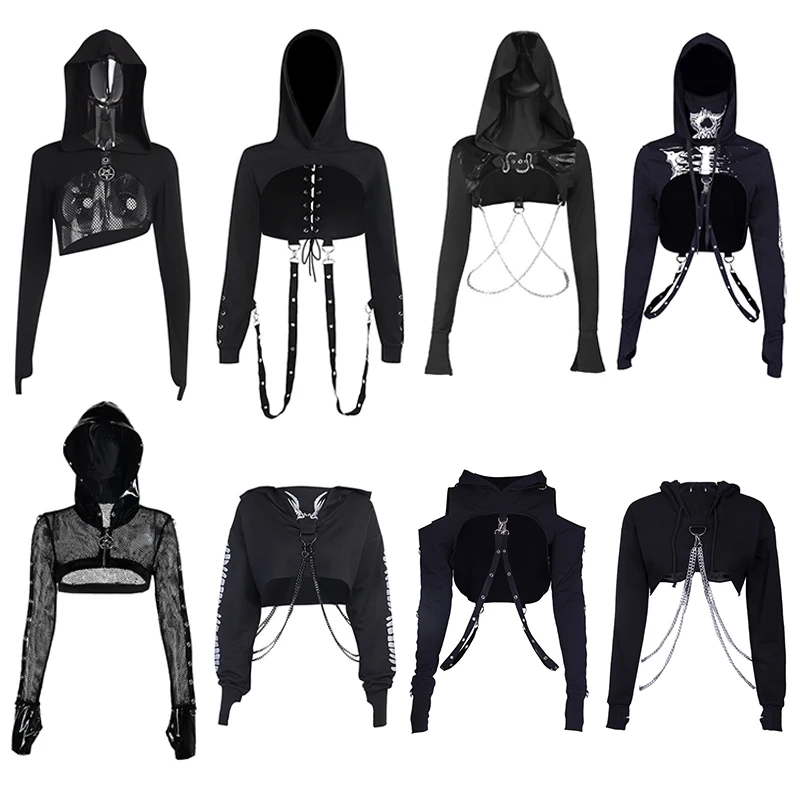 Jazz Dance Dress Gothic Dark Chain Hoodie Long Sleeved Loose Punk Dark Hoodie Sweater Black Girl