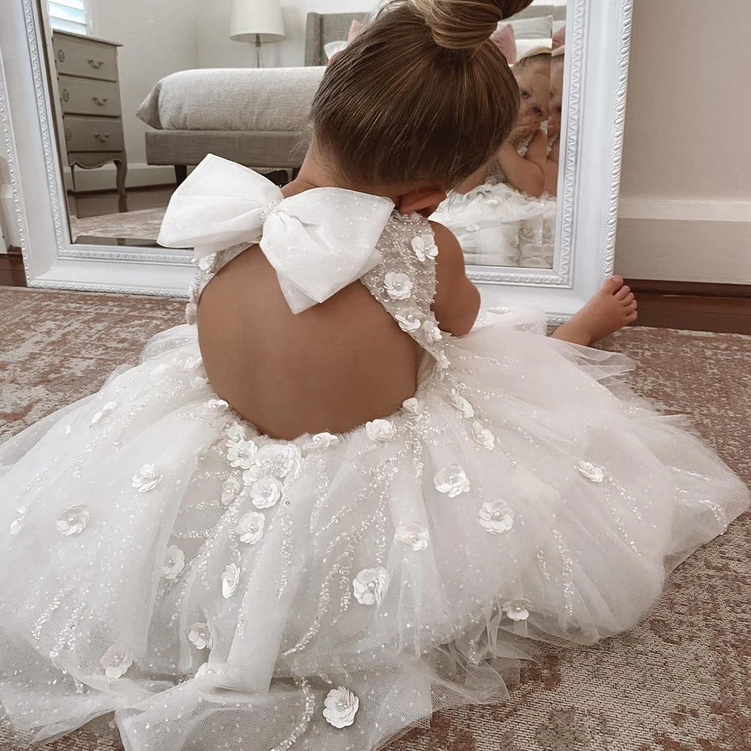 

FATAPAESE Flower Girl Dresses White Tulle Cupcake Gowns Floral Design Glitter Crystal Beads Little Kids Bridesmaid for 7 9 Years