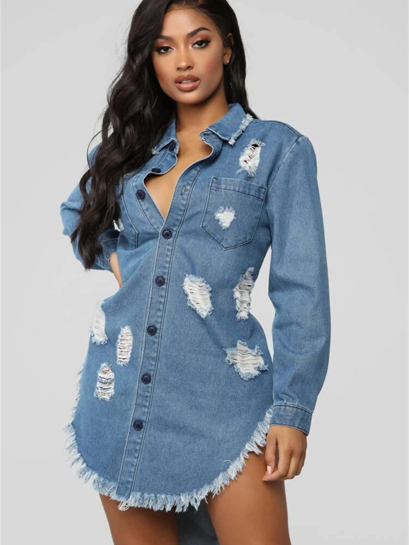 

Vintage Ripped Denim Dresses for Women Autumn Clothing Turn Down Collar Asymmetric Mini Dress Streetwear INS Jean Dress Vestidos