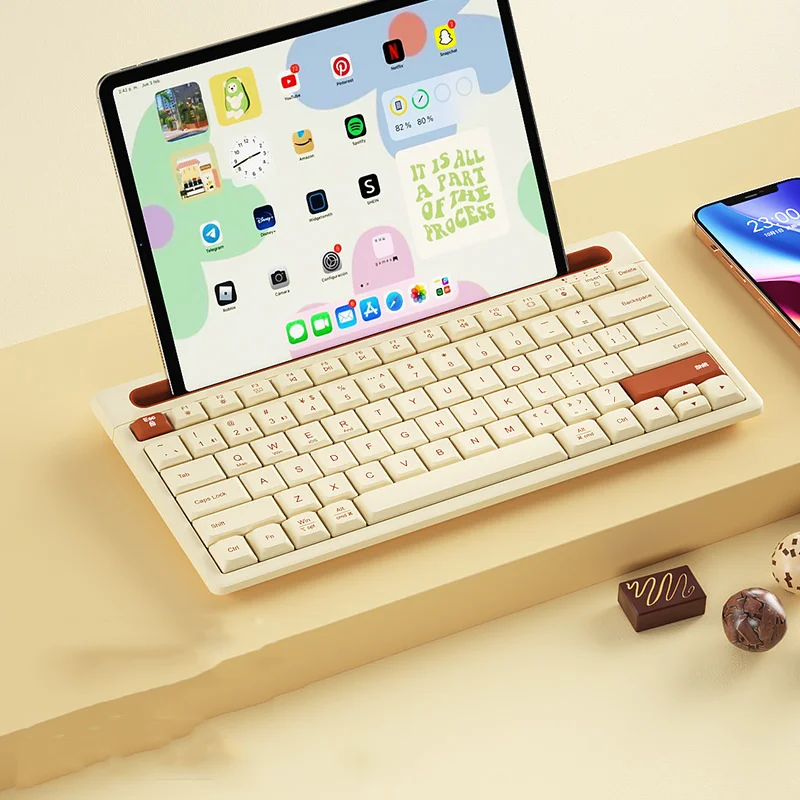 

White Coffee Bluetooth Keyboard Wireless 79 Keys Multi-Device Keyboard With Phone Holder Slot For iPad Windows Mac iOS Android