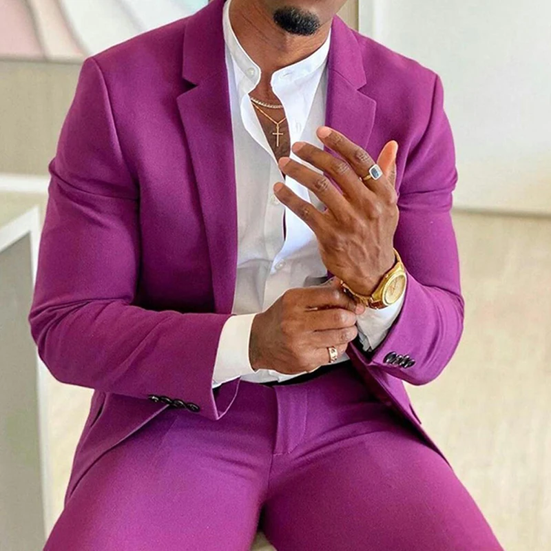 

Purple Prom Men Suits for Singer Club 2 piece Custom Wedding Tuxedo Casual Man Fashion Clothes Set Jacket with Pants New Arrival