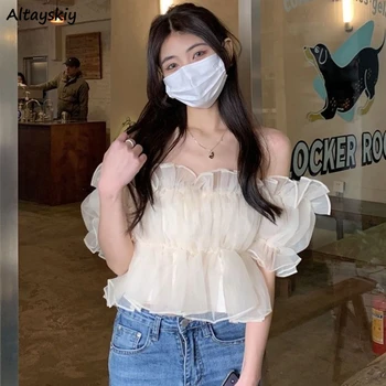 여성용 퍼프 소매 블라우스, 시크한 러플, 올 매치 젠틀 탑, 스트리트웨어, 심플한 캐주얼 소녀, 미적인 프렌치 스타일, 여름