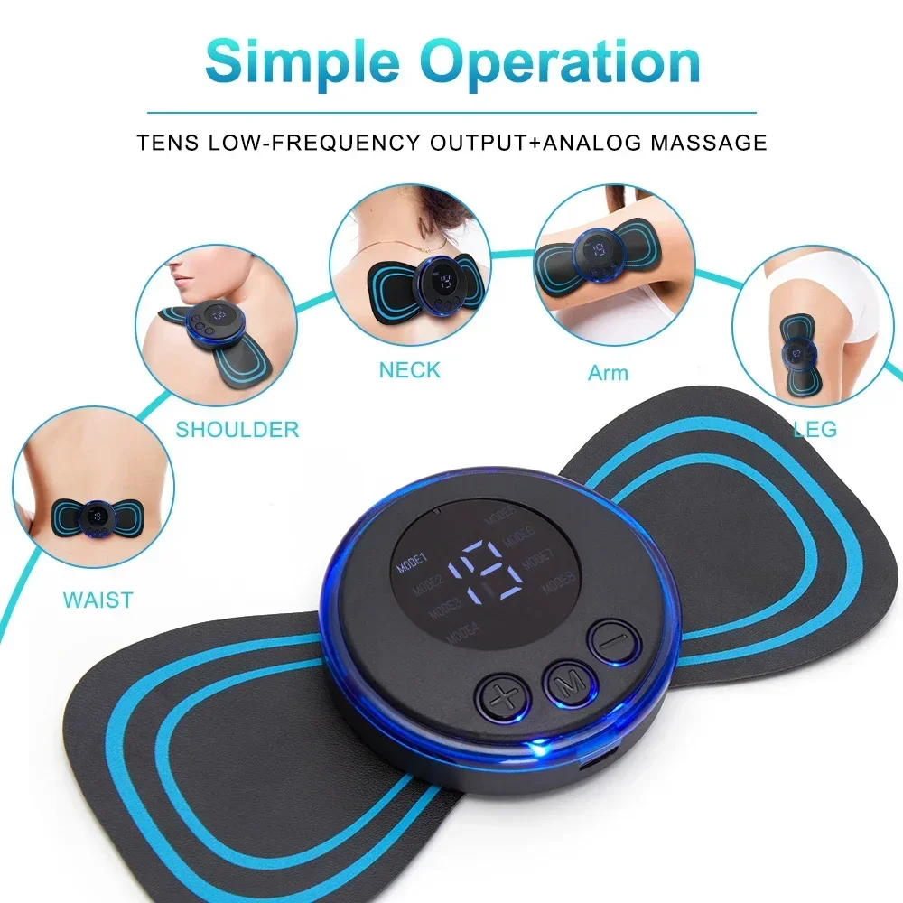 

Mini Electric 8 Massager Body 1pc Portable Rechargeable Lcd Display Pain Neck Patch Relax Mode Ems Massage Relief Muscles Back