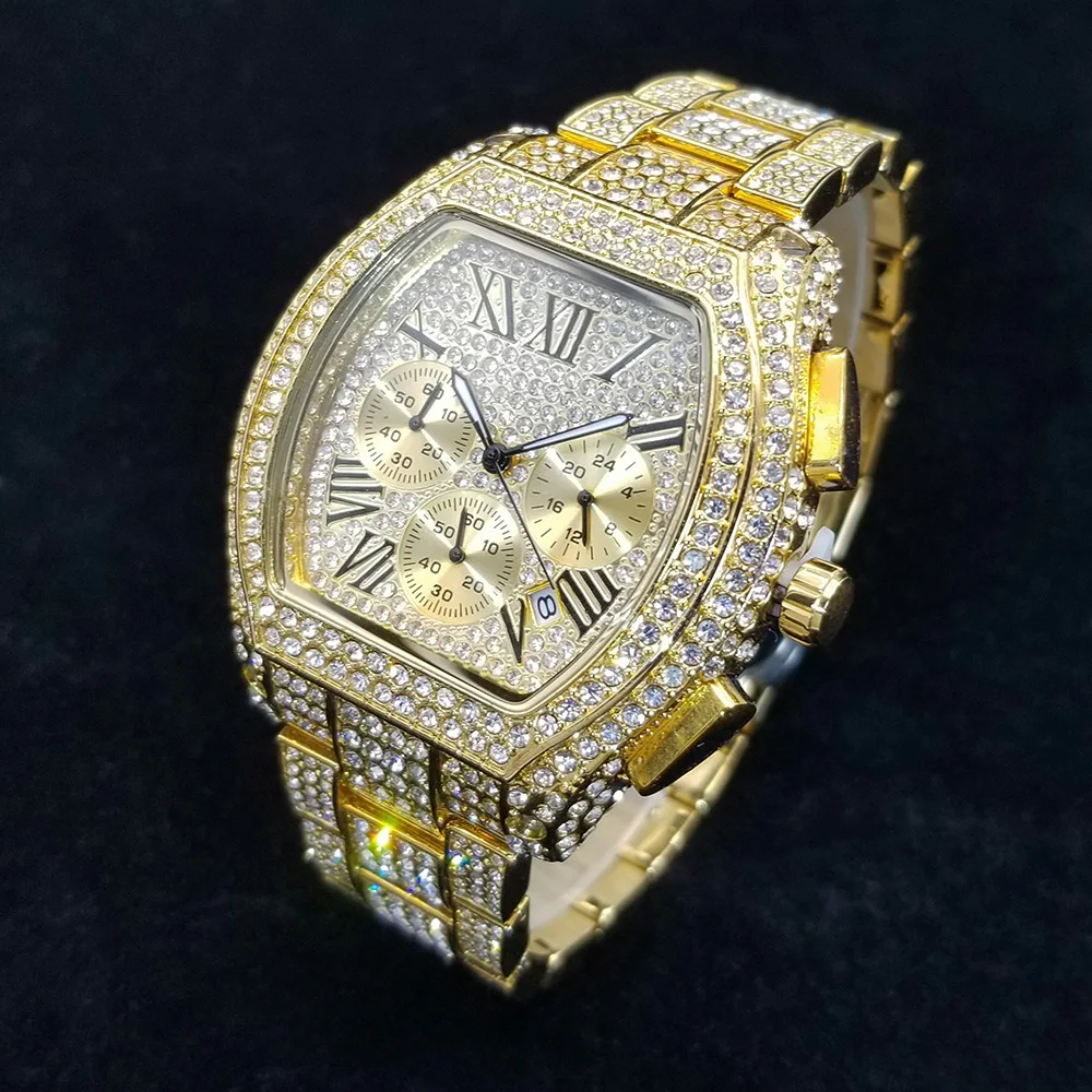 Top Brand Luxury Diamond Watch Men High Quality Stainless Steel Quartz Wristwatch Hip Hop Ice Out Waterproof Chronograph Watches