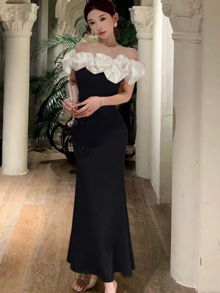 Sexy Bodycon Off Shoulder Party Dress Women New Slim Waist Patchwork Elegant Lady Fashion Prom Robe Long Vestidos Mujers