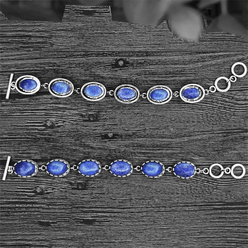 Metal Bracelet Natural Oval Lapis Lazuli Vintage Antique Silver Plated Flower Pendant Fashion Jewelry Party Gift TB276
