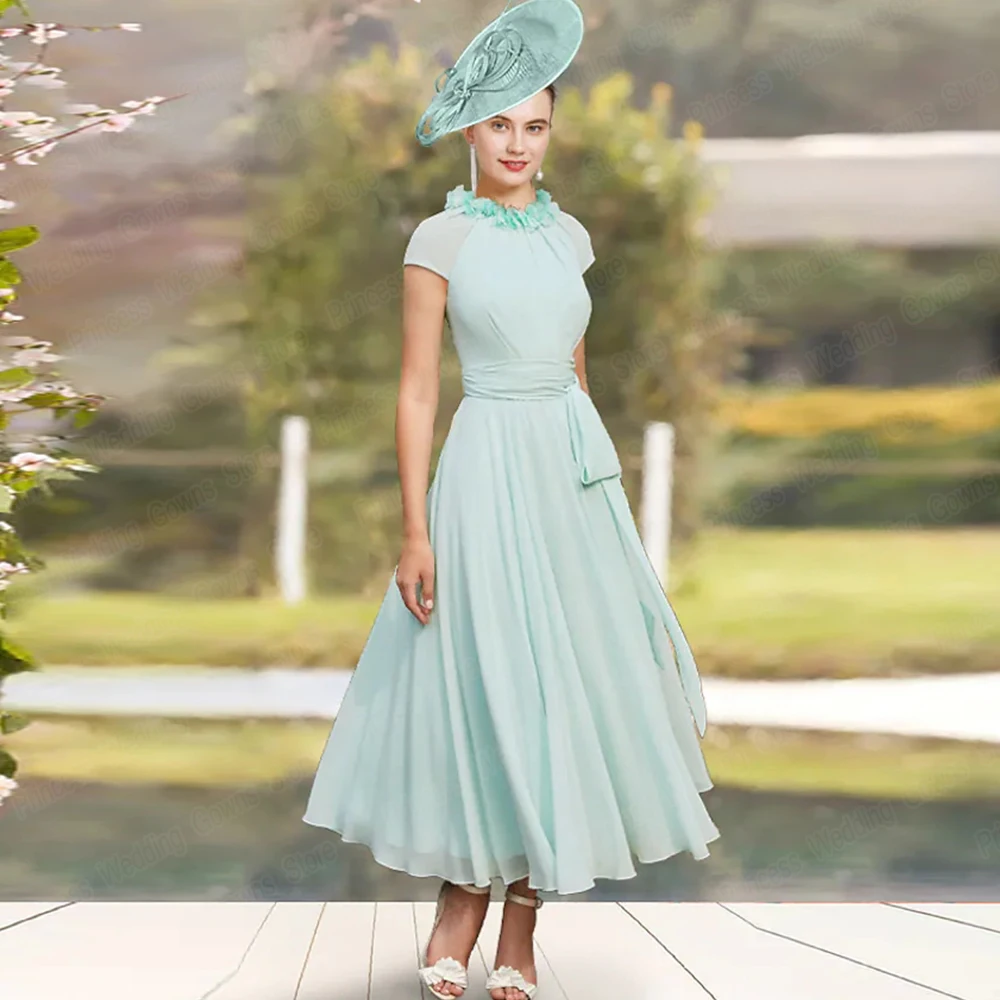 

Summer Chiffon Tea Length Woman Party Gown For Weddings O Neck Simple Mother Of The Bride Dresses Cap Sleeve Vestido De Novia