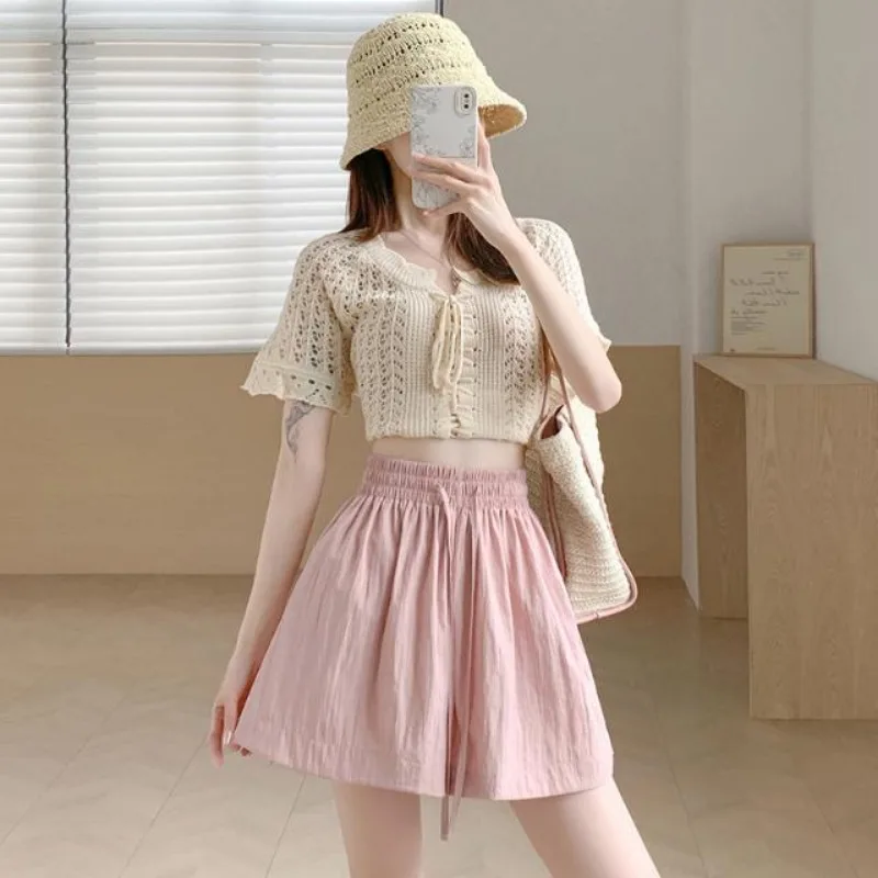 Shorts Wide Leg Pants Quarter Pants Ice Shreds Fold Women Summer Thin Loose Fitting Motion Leisure A-line Pants