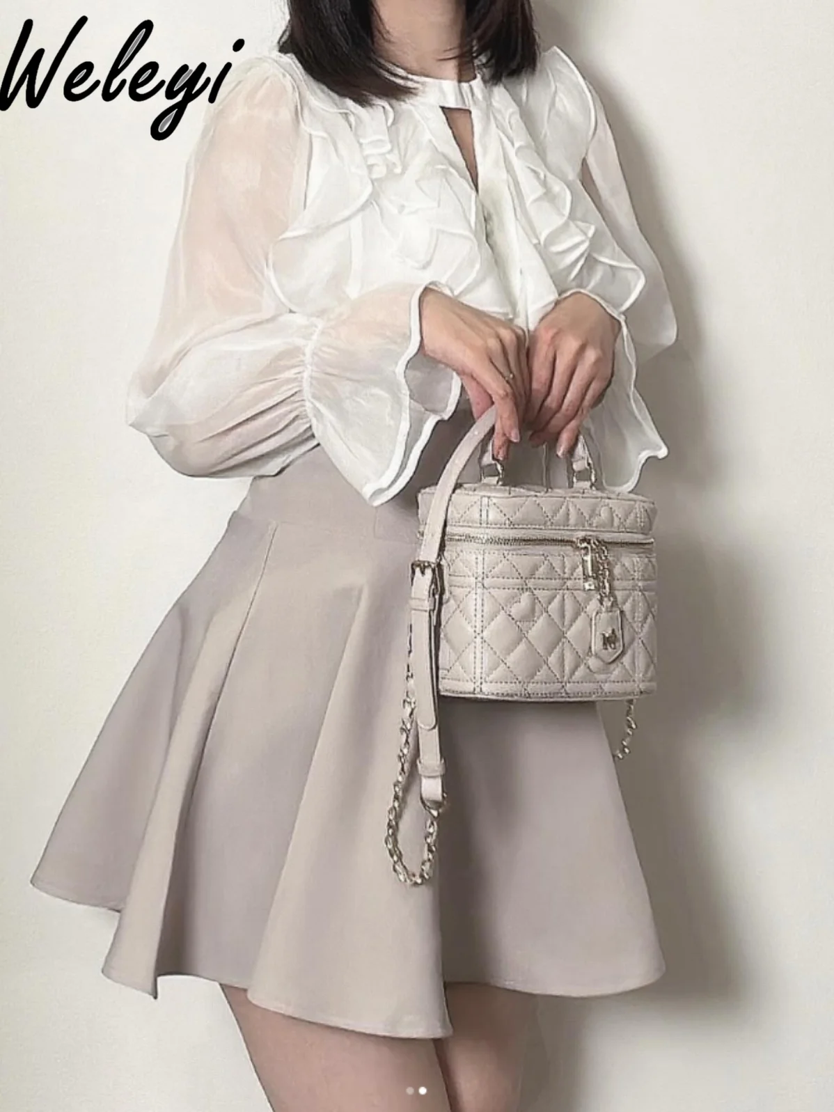 

Fashion Thin and All Matching Spring Small Shirt Women's Japanese Summer Sweet Elegant Commuter Ruffled Hollow Out Chiffon Tops