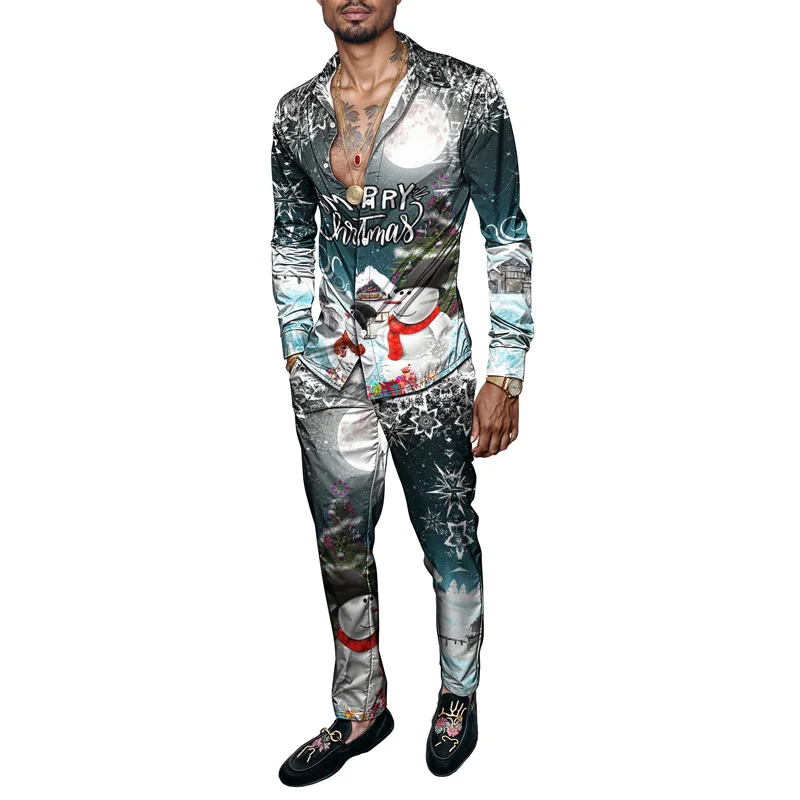 Christmas Printed Men's Shirt Set Two Piece Gingerbread Snowman_voghion.com