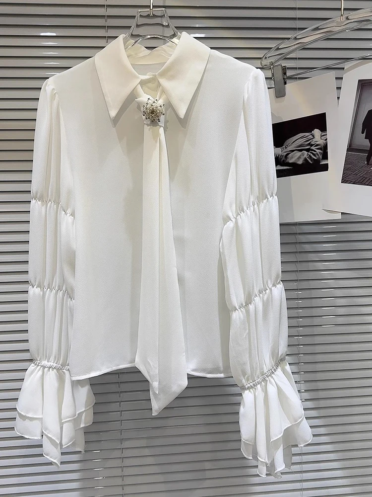 

HIGH STREET New Fashion 2023 Designer Blouse Shirt Women's Pearl Button Tie Design Chiffon Blouse Shirt Top