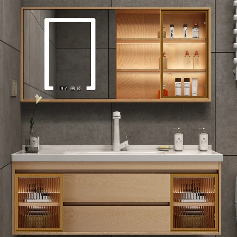 

Cabinet Combination Hand Washing and Face Washing Integrated Ceramic Basin Smart Bathroom Set Light Luxury Bathroom Table