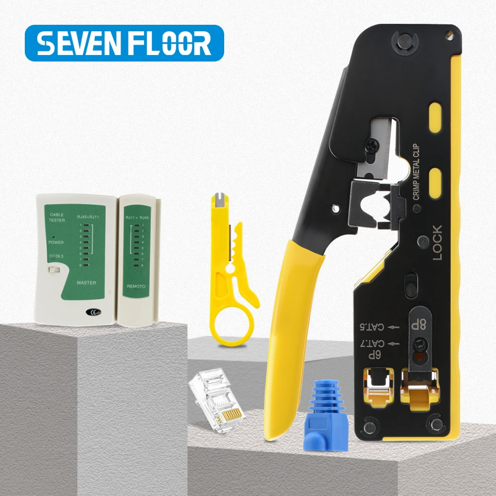 Ethernet Crimping Tool Network Crimper Cable Stripping Tool Terminal Crimping Pliers Network Tool Set RJ45 RJ12 RJ11 Pass Through Crimp Plier Cat7 Cat6 Cat6A Cat5 Cat5e with 8P/6P Ethernet Connectors