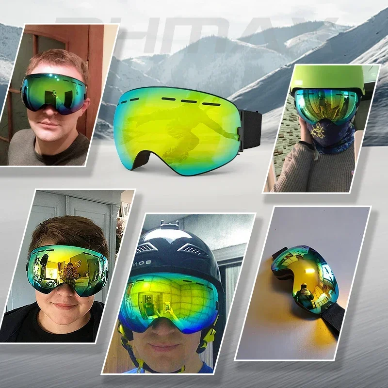 PHMAX Black Ski Goggles OTG Anti fog Snow Goggles TPU Frame UV Protection Snowboard for Men Women Adult Youth Cool Gift