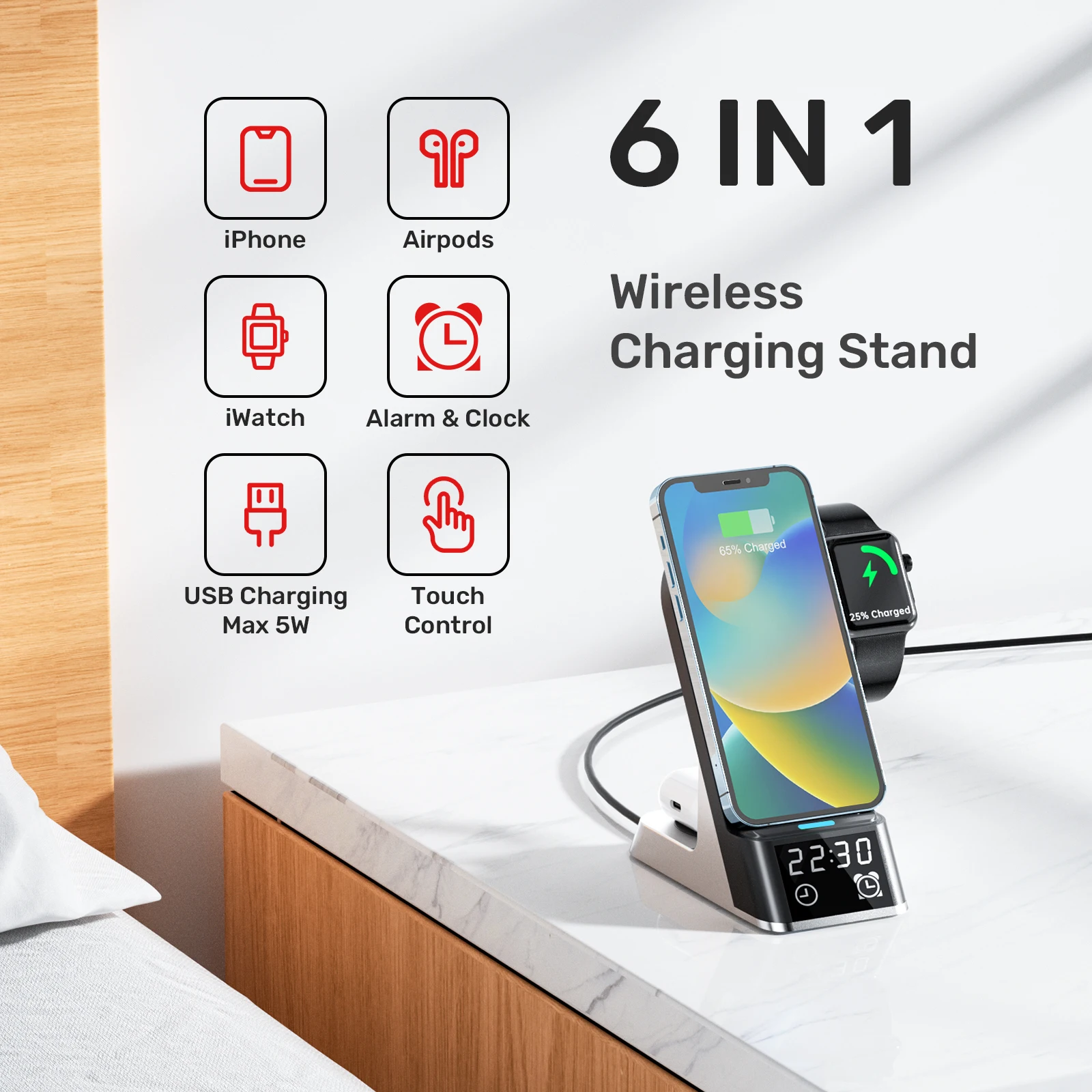 Unitek Wireless Charging Station with Alarm Clock Qi Certified Fast