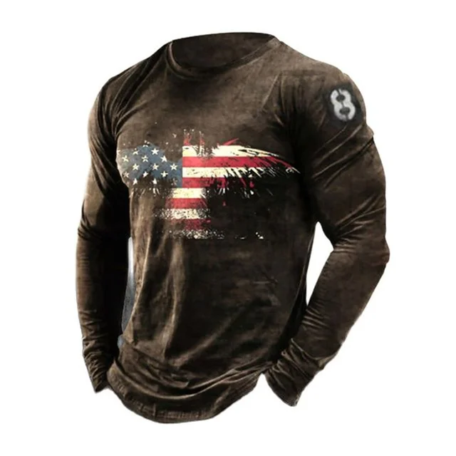Spring Autumn Men's 3d Letter Print American Flag Long Sleeve T Shirt Street Trend O Neck 2022 Vintage Shirt Plus Size Pullover 8