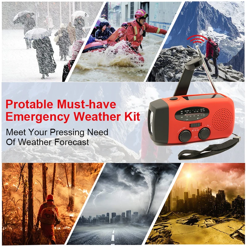 업그레이드 다기능 라디오 핸드 크랭크, 태양열 USB, FM, AM, NOAA, WB 날씨 라디오, 비상 손전등 보조배터리
