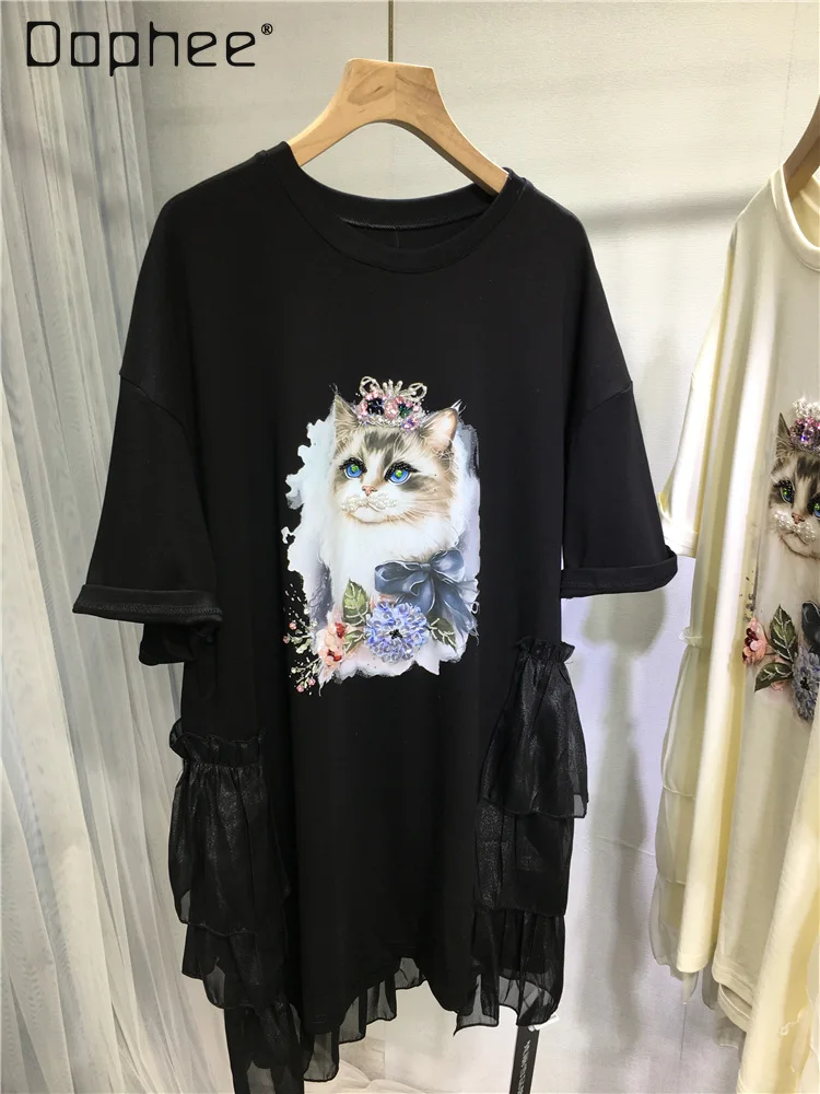 

Heavy Industry Beads Mini Dress Women Summer Cat Print Patchwork Ruffled Loose Mid-Length Short Sleeve T-shirt Sweet Casual Top
