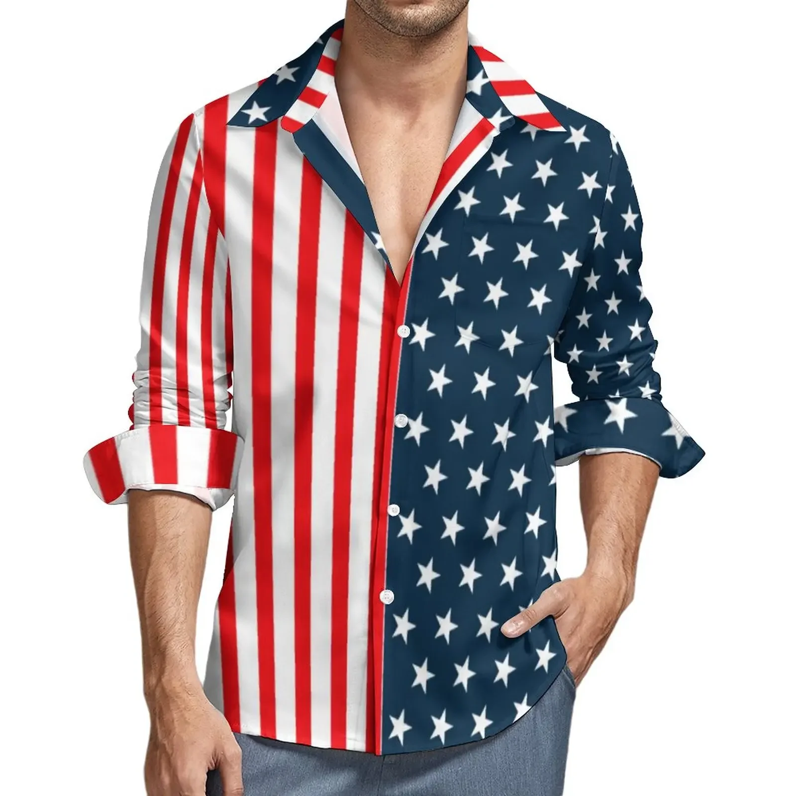 

USA Stars Flag Stripes Long Sleeve Men's Shirts For Man Clothing 3D Print Casual Fashion Autumn Tops Loose Men Vintage Blouse