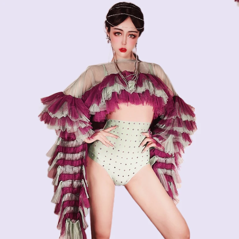 

Nightclub Ds Dj Gogo Dancer Costumes Sexy Diamond Mint Green Bikini Purple Yarn Cake Sleeves Bodysuit Women Rave Outfit XS4477