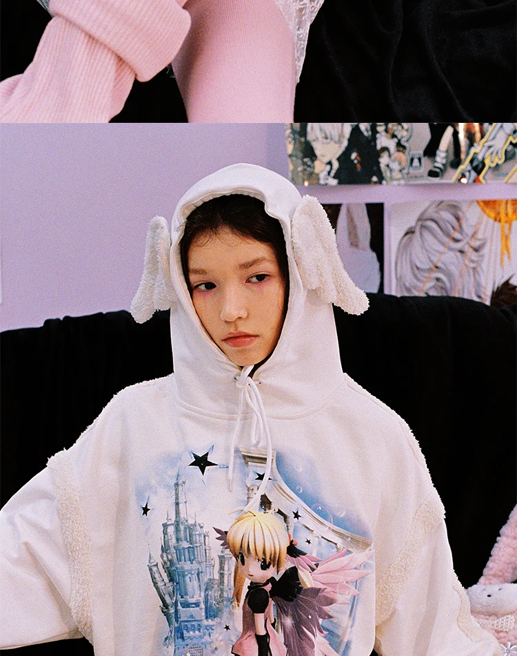 CFIERCE Women Angel Printed Wings Decorative Pullover Japanese 