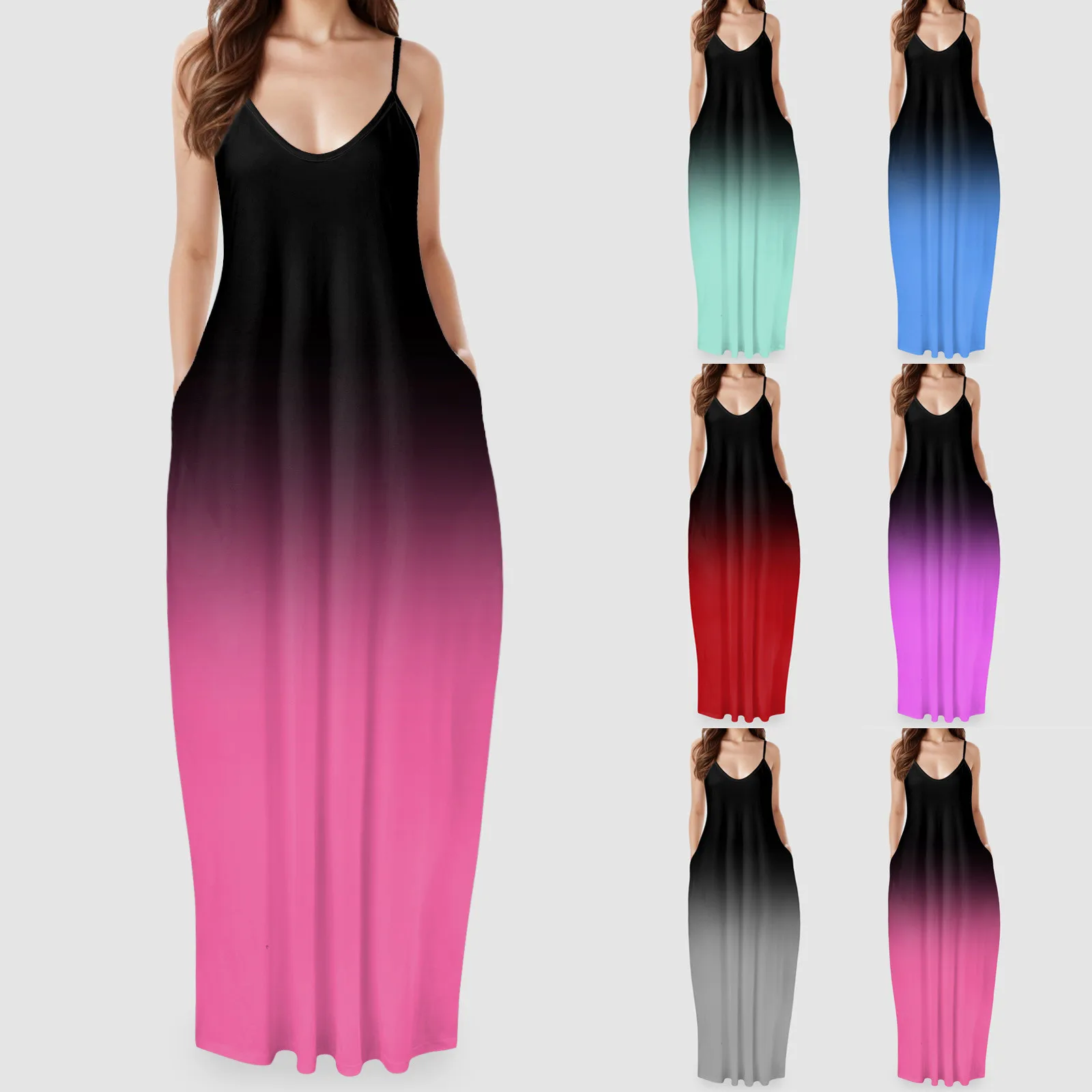 

Women Comfortable Dress Long Maxi V Neck Loose Sleeveless Print Dress Boho Beach Sundress Sexy Pocket Fashion Cotton Midi Dress