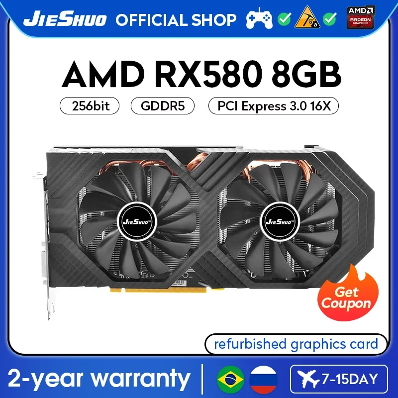 

JIESHUO AMD RX 580 8GB 2304sp Gaming Graphics Card GDDR5 GPU 256bit PCI-E 3.0 RX580 8G Desktop Computer Video Office KAS 580rx