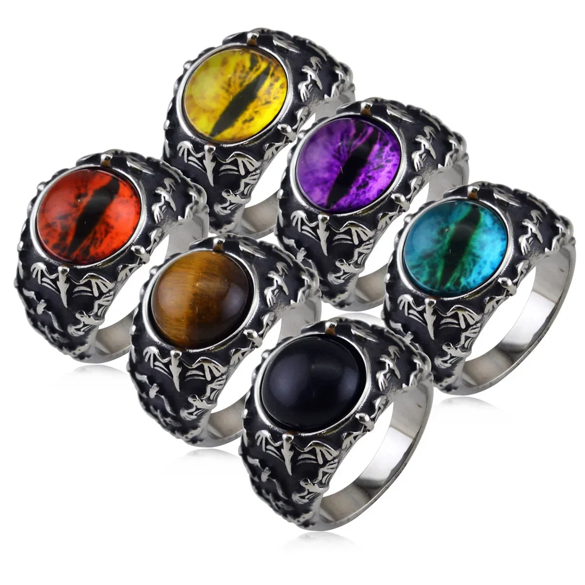 

CHUANGCHENG Fashion Personalized Vintage Gothic Bat Tiger Eye Stone Stainless Steel Rings Size 7-13