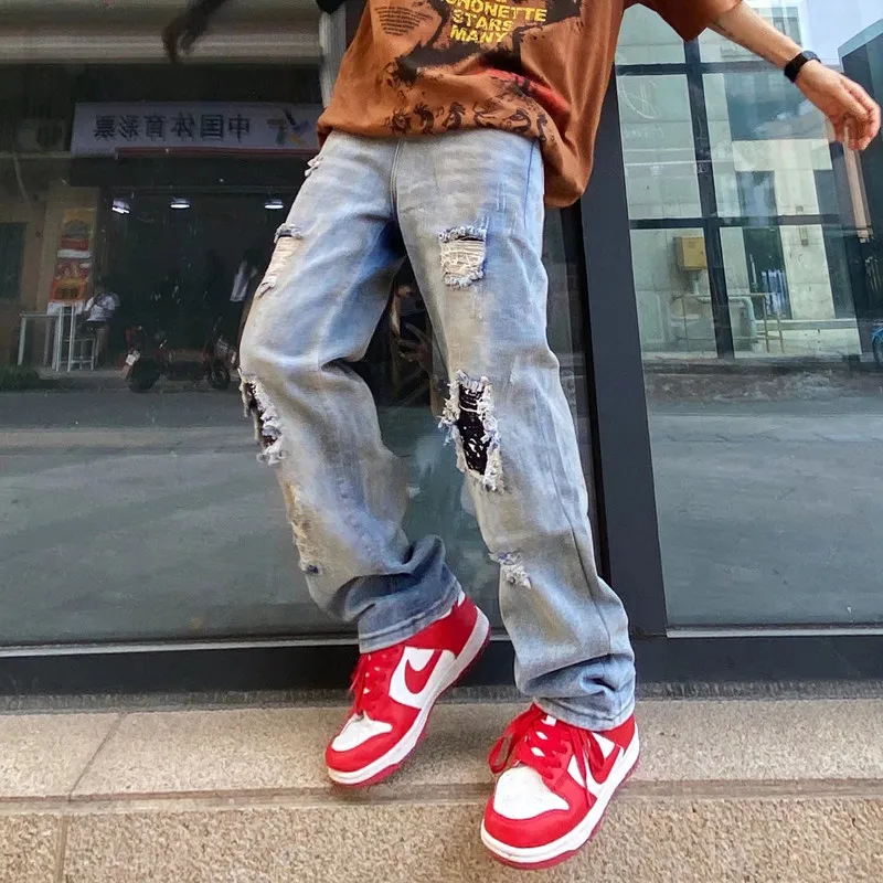2022 High Street Cashew Patch Retro Washed Baggy Men Jeans Pants Hole Ripped Distressed Straight Hip Hop Denim Trousers Vaqueros