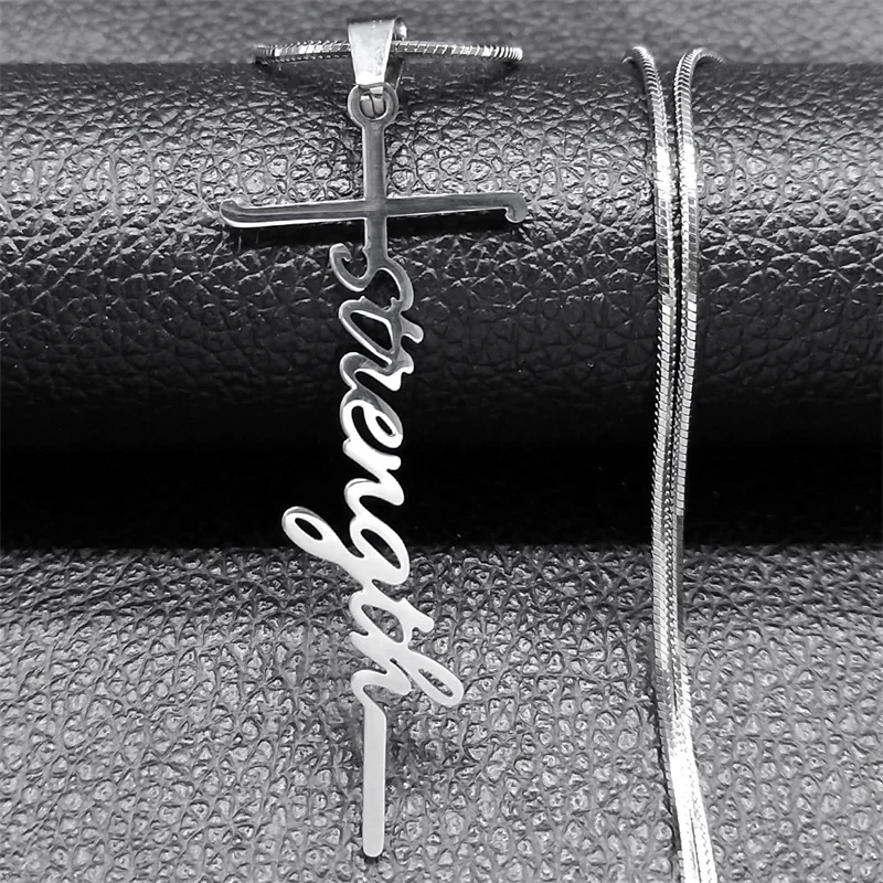 Hip Hop Stärke Wort Jesus Kreuz Halskette für Frauen Männer Edelstahl Silber Farbe Inspirierende Kette Schmuck kragen NZZZ115