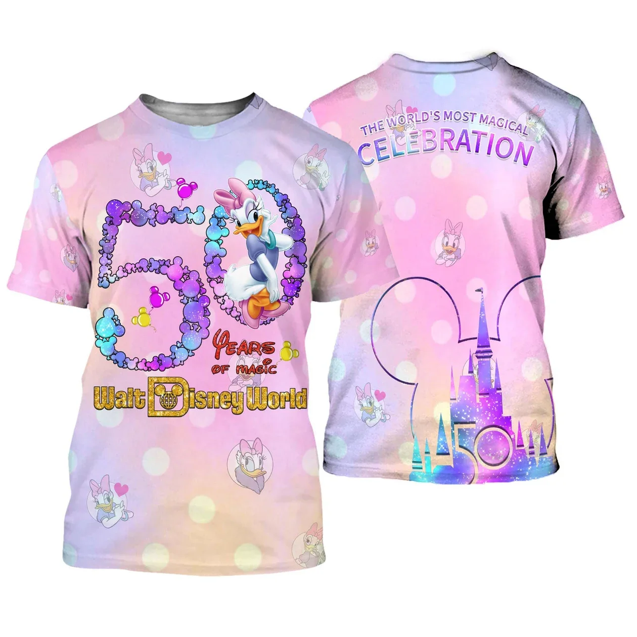 Daisy Duck Pink Purple Castle Mickey Head Disney 50Th Anniversary T- Shirt Disney 50Th Anniversary Magic Classic 3D T- Shirt