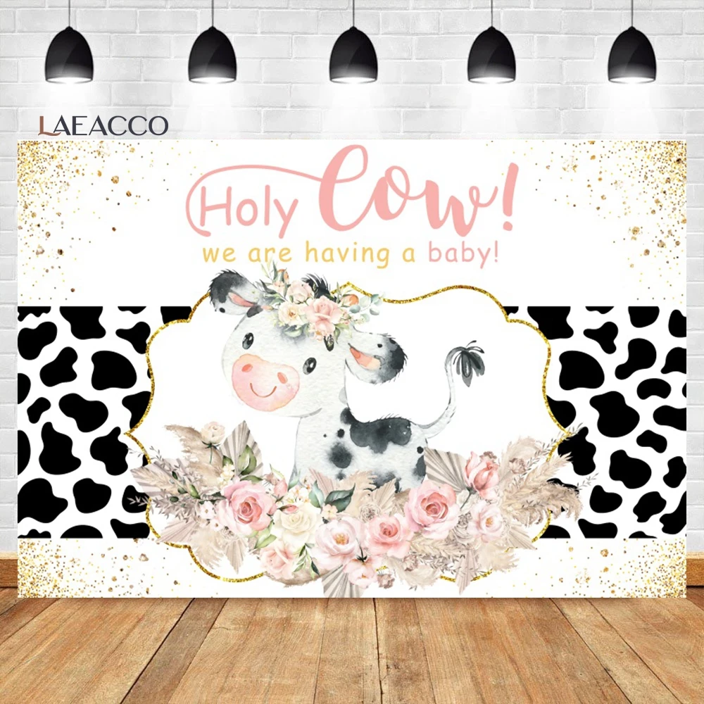 Laeacco Holy Cow Baby Shower Backdrop Highland Dairy Cattle Floral Grass Western Farm Birthday Portrait Photography Background