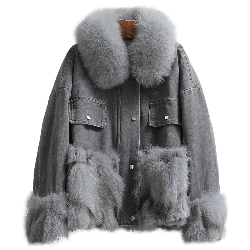 

Winter Real Fox Fur Collar Jacket Women's Fur Coat Casual Streetwear Fashion Jackets Female Clothing 2021 Manteau Femme FCY1986