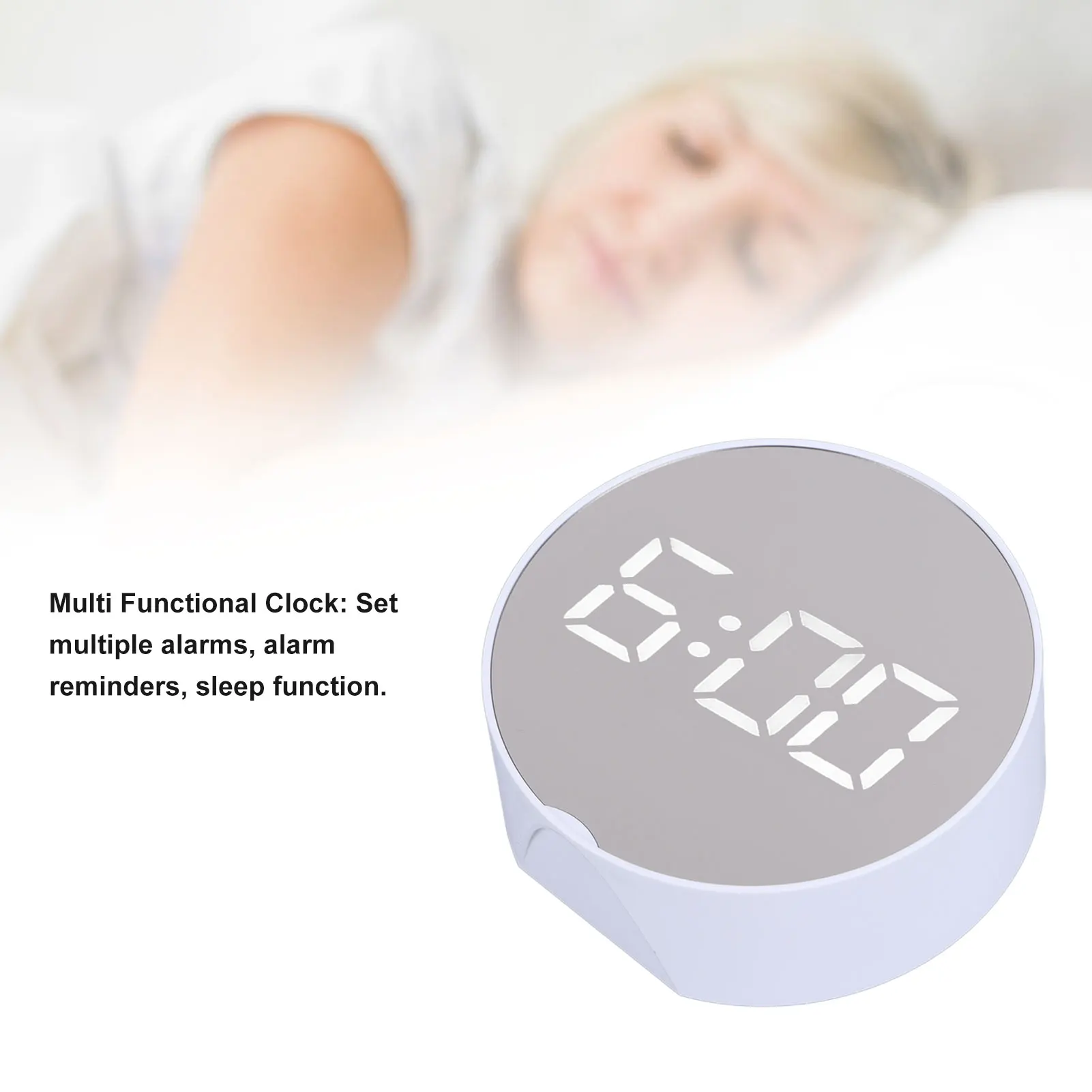 Digital Mirror Clock Alarm White Big Round Screen Easy to Read Portable LED Clock for Office Bedroom Travel Digital Mirror