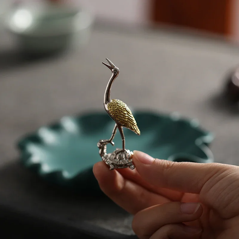 Ceramic Zen Fragrance Incense Burner Lotus Leaf Plate Base Alloy Crane on Turtle Sandalwood Stove Household Indoor Supplies, 1Pc