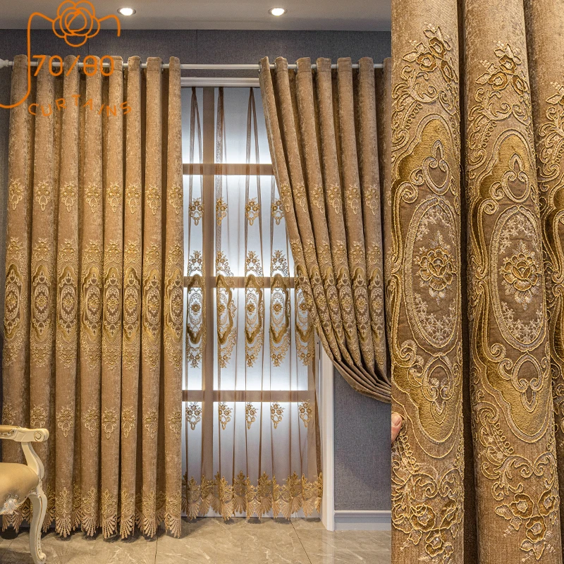 

Luxury European Coffee Gold Embroidery Thickened Chenille Curtains for Bedroom Living Room Villa Customized French Window
